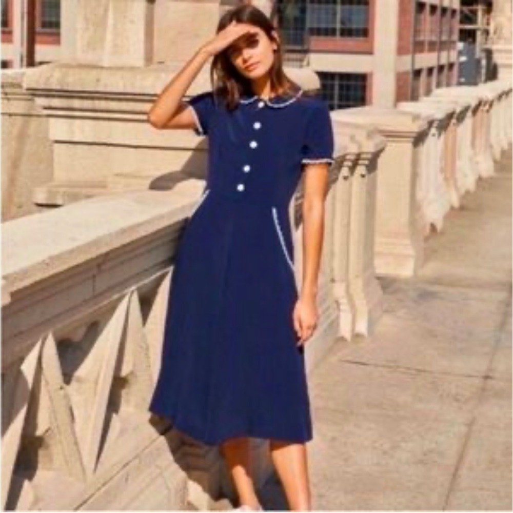 Christy Dawn The Sebastian Midi Dress midnight blue Milkmaid Modest , Size Small